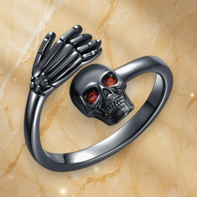 Каблучка чорна з черепом і рукою з червоними очима-фіанітами регульована IgnisFlos567, фото 1