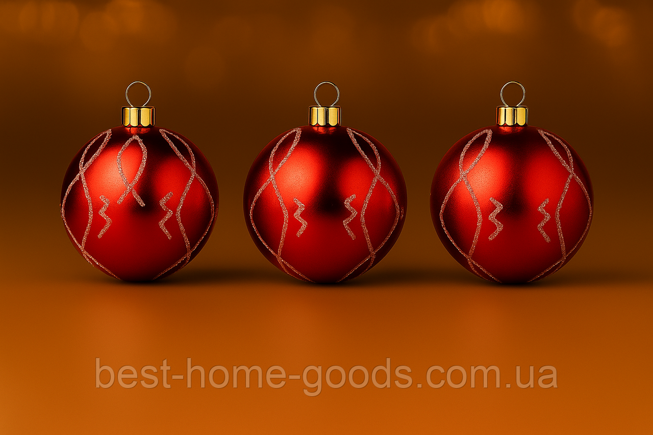 Набір ялинкових куль «Свято» Ø 8 см, 6 шт — глянцеві новорічні пластикові кулі з принтом ромбів і хвиль Червоний, фото 1