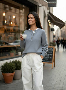 Светр жіночий в'язаний з ґудзиками на горловині (Туреччина), сірий