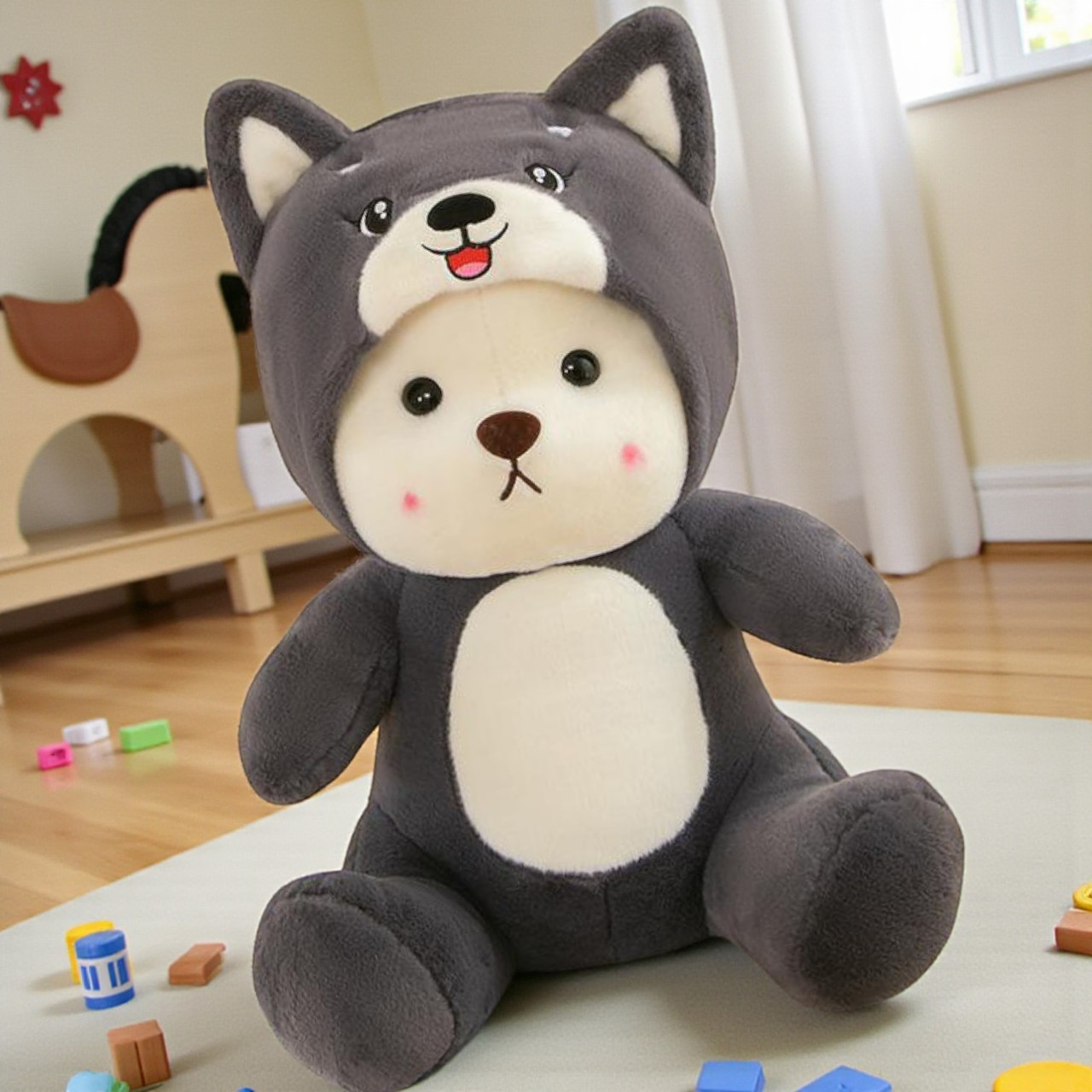 М'яка іграшка ведмежа Тедді плюшевий у кігурумі Хаскі 40см Сірий ведмедик в костюмі іграшка-антистрес на подарунок для сну та ігор, фото 1