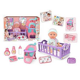 Пупс 9933 A-6 висота 28 см, ліжечко, знімний одяг, стільчик для годування, аксесуари, в коробці