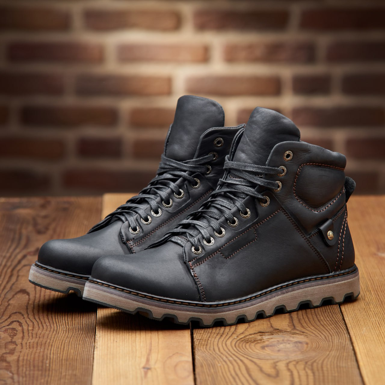 Зимові шкіряні черевики, кросівки чоловічі чорні утеплені з натуральної шкіри на хутрі, чоловіче взуття на зиму, фото 1