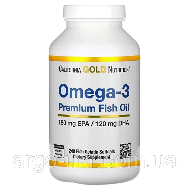 Омега 3 риб'ячий жир California Gold Nutrition (Omega-3 Premium Fish Oil) 240 капсул, для судин, мозку, памʼять, покращує імунітет, фото 1