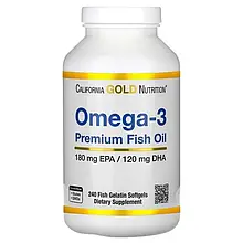 Омега 3 риб'ячий жир California Gold Nutrition (Omega-3 Premium Fish Oil) 240 капсул, для судин, мозку, памʼять, покращує імунітет