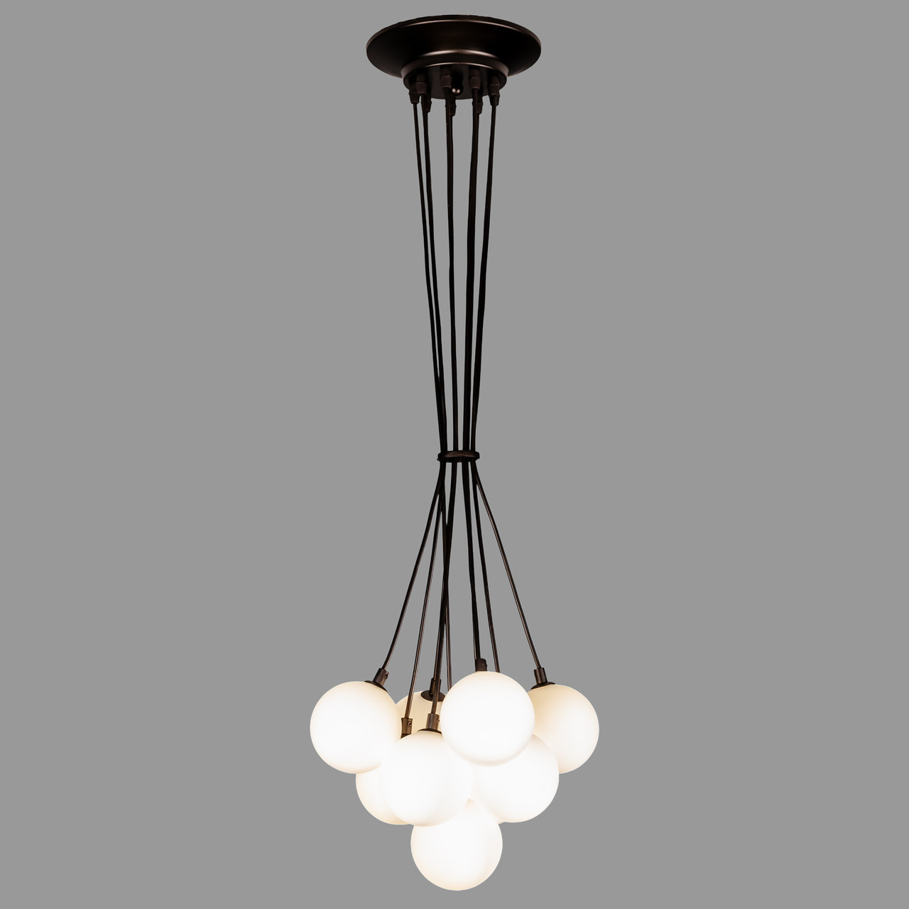 Підвісна чорна люстра "Пучок" з білими плафонами на 9 ламп (61-P100F-9 BK+WH)