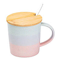 Чашка з бамбуковою кришкою та ложкою порцелянова 350 мл Рожевий HP7201P
