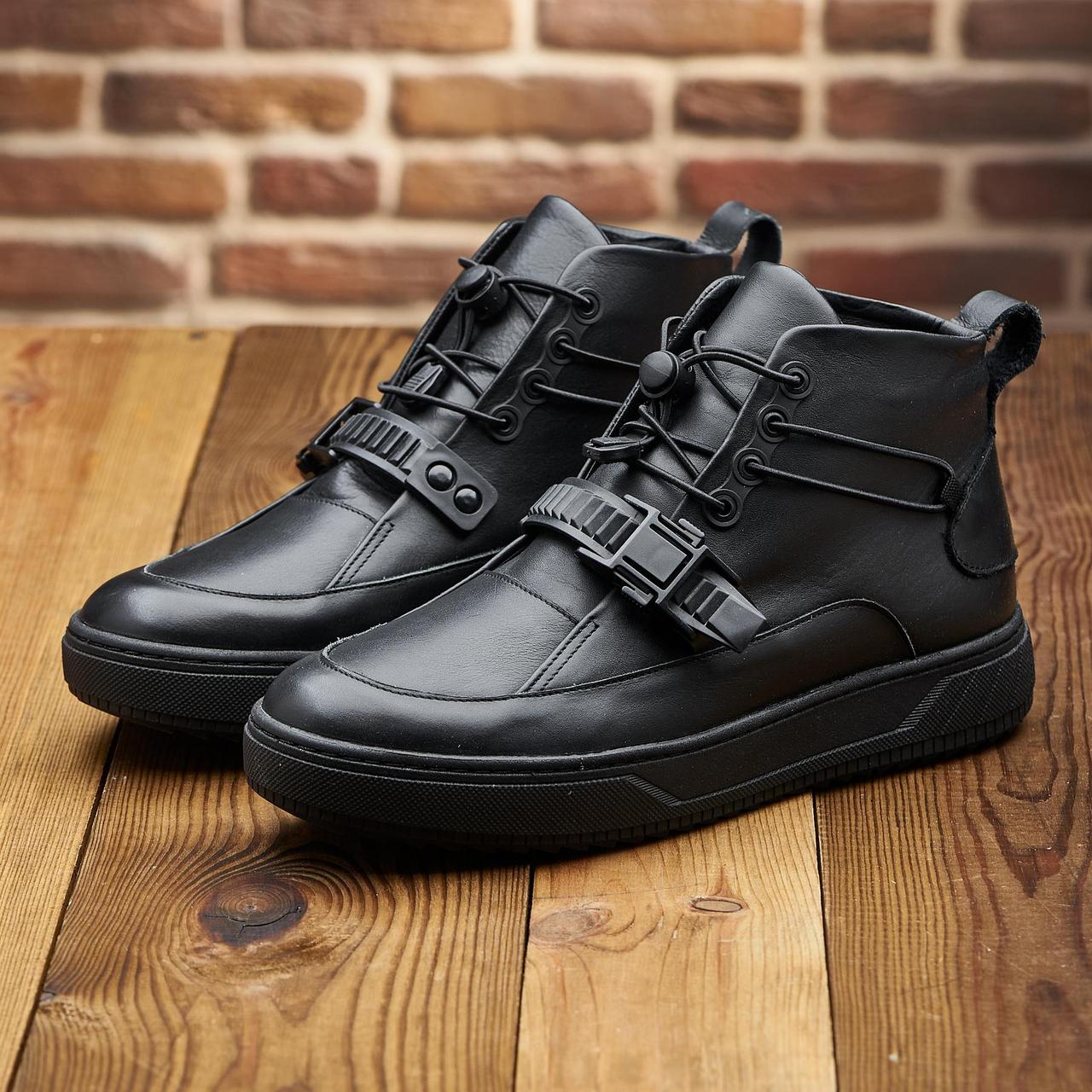 Зимові чоловічі шкіряні черевики, кросівки чорні утеплені з натуральної шкіри на хутрі на зиму для чоловіків, розмір 40-45, фото 1