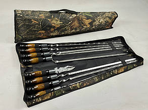 Набір шампурів в чохлі ПРЕМІУМ, (6 штук, подвійний шампур, вилка-ніж для зняття + чохол)