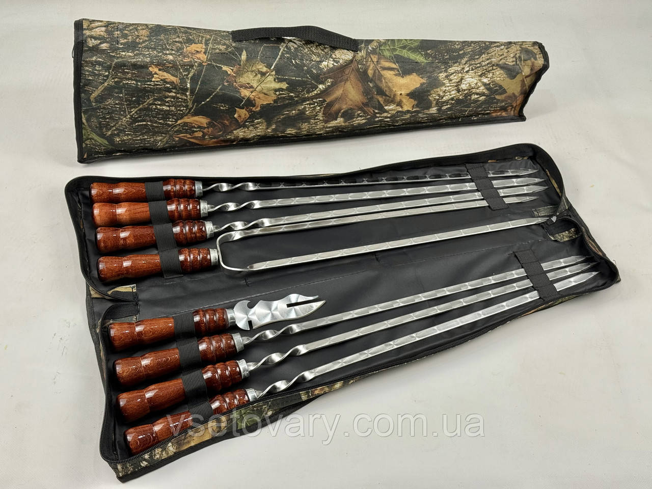 Набір шампурів в чохлі КІЗЛЯР, (6 штук, подвійний шампур, вилка-ніж для зняття + чохол), фото 1