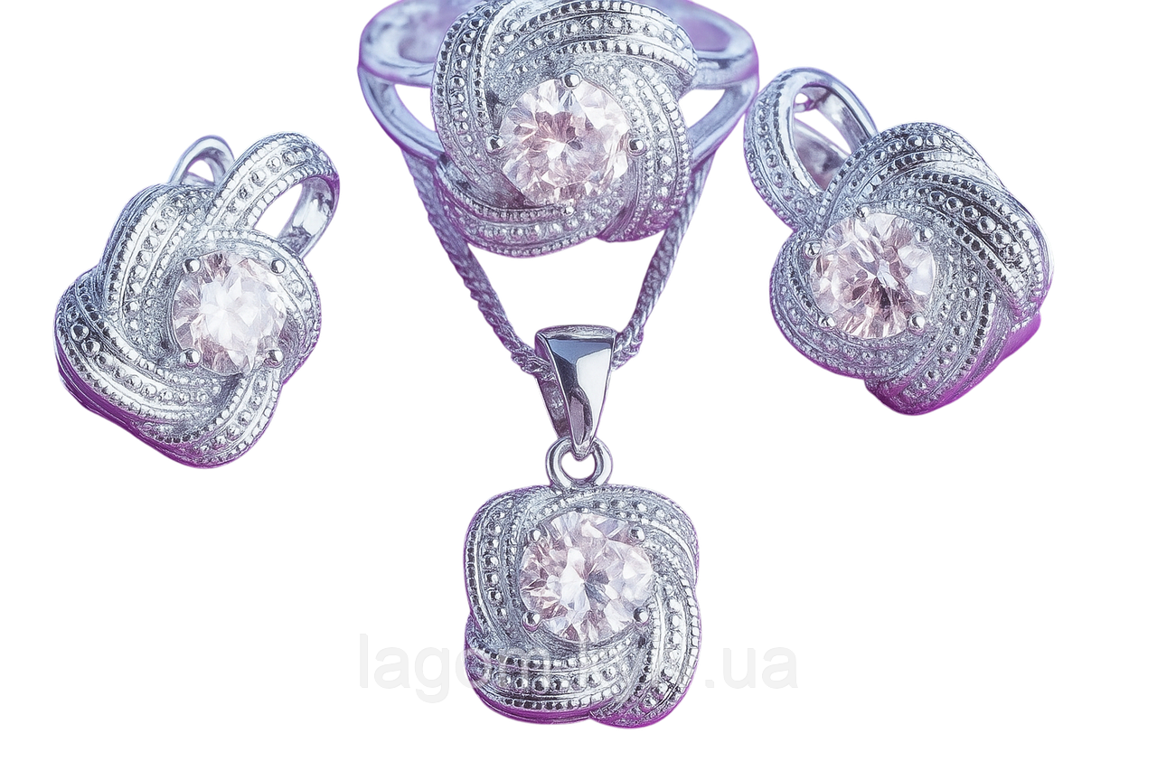 Комплект срібних прикрас APHRODITE 925 проба Шампань (сережки, каблучка, підвіска та ланцюжок), фото 1