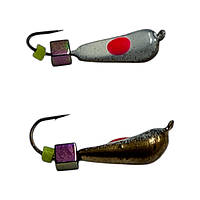 Блешня Вольфрамова "Латишка" Грушка - З кубиком хамелеон - Ø3,4мм - 0,7г - Золото-біло-червоний - Kumho №14 - Латвія (МК1094)