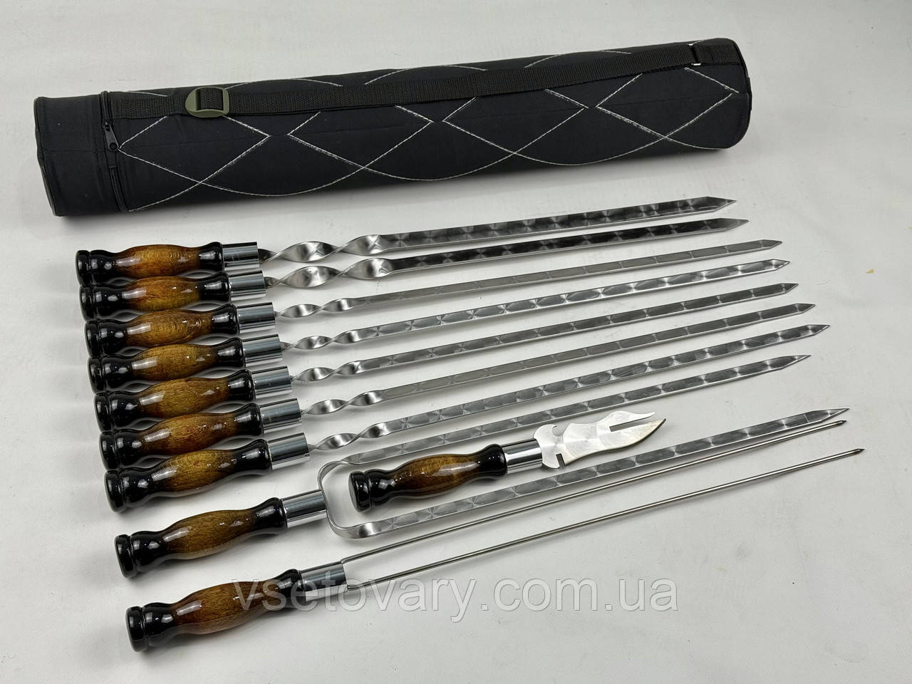 Набір шампурів в тубусі ПРЕМІУМ, (6 штук, 2 люля-кебаб, подвійний шампур, овочевий шампур, вилка-ніж для зняття), фото 1