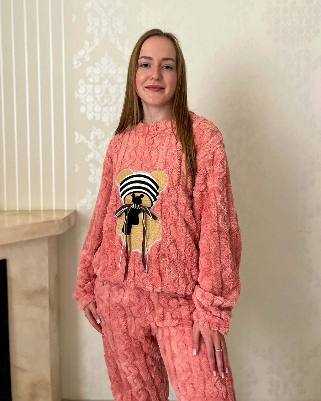 Махрова жіноча піжама з ведмедиком рожева універсальний розмір S–M, фото 1