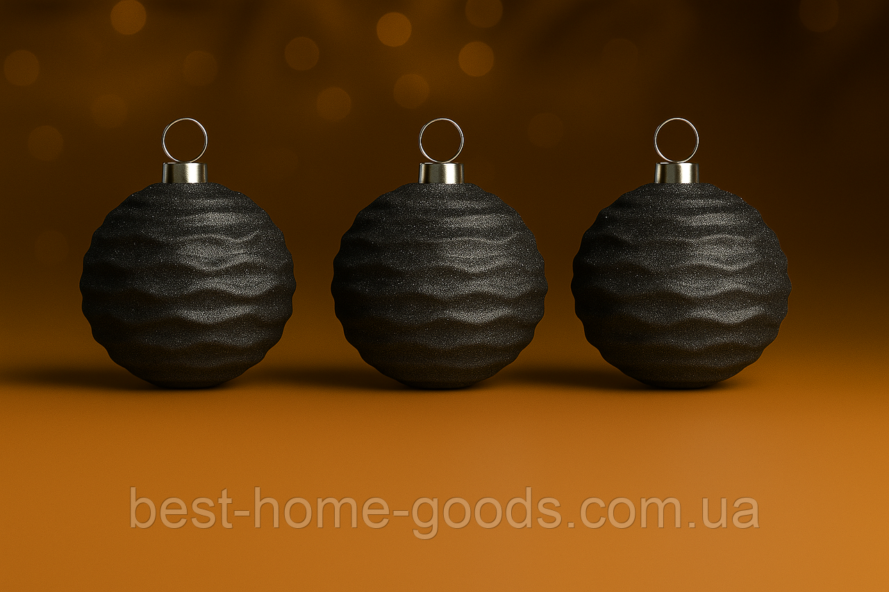 Набір ялинкових куль “Зефірка” Ø6/8 см (6 шт) — чорний матово‑глянцевий пластик із чорними блискітками, фото 1