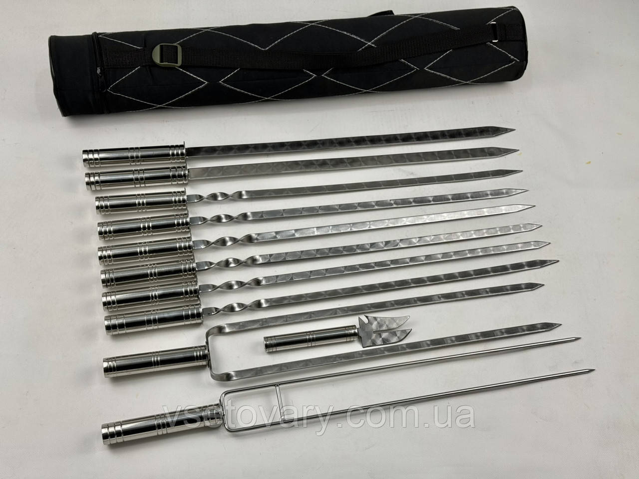 Набір шампурів в тубусі СРІБЛО, (6 штук, 2 люля-кебаб, подвійний шампур, овочевий шампур, вилка-ніж для зняття), фото 1