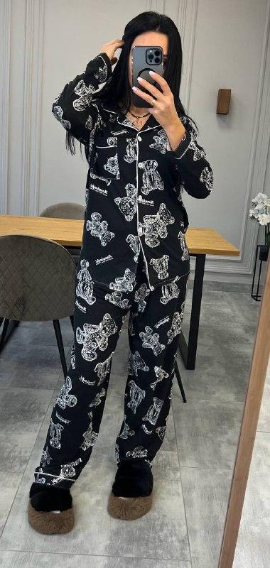 Жіноча піжама (Рубашка+штани); Колір: чорний, білий; Розміри: 42-44;46-48;50-52 ;, фото 1