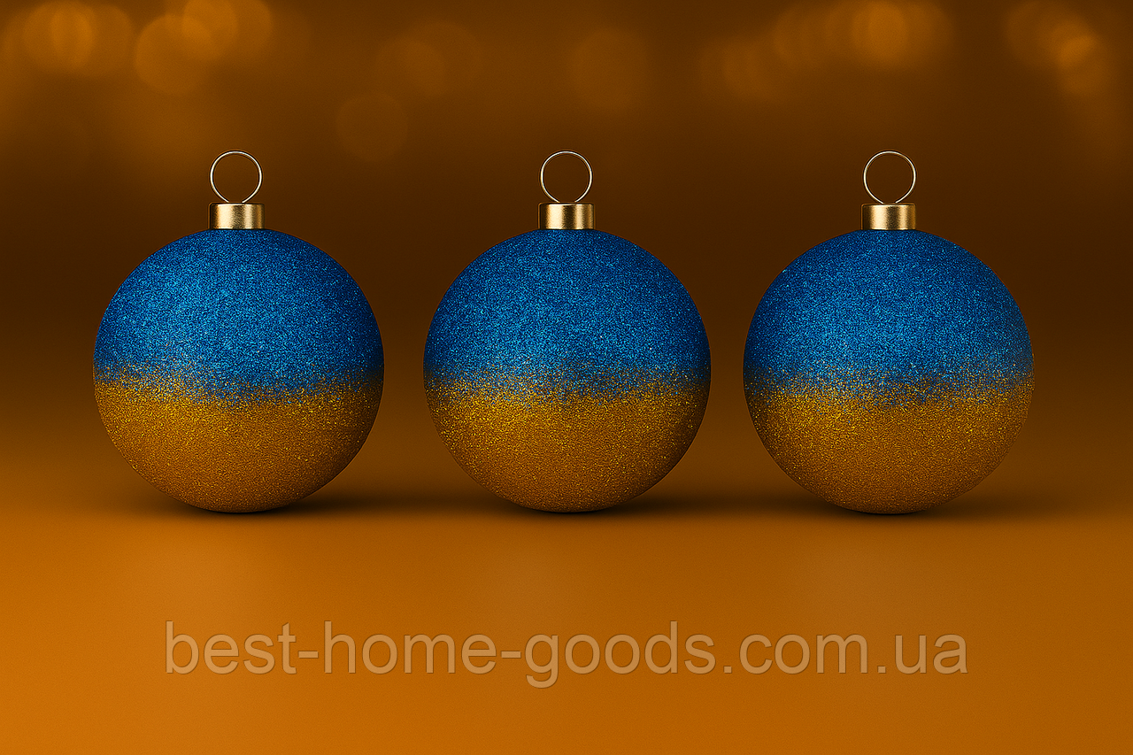 Набір ялинкових куль “Патріотичний блиск” Ø6 см / Ø8 см / Ø10 см, 6 шт., пластик із синьо‑жовтими глітерами, фото 1