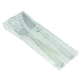 Набір одноразових приладів у індивідуальному пакуванні (вилка + ніж + паперова серветка), прозорі, 16 см