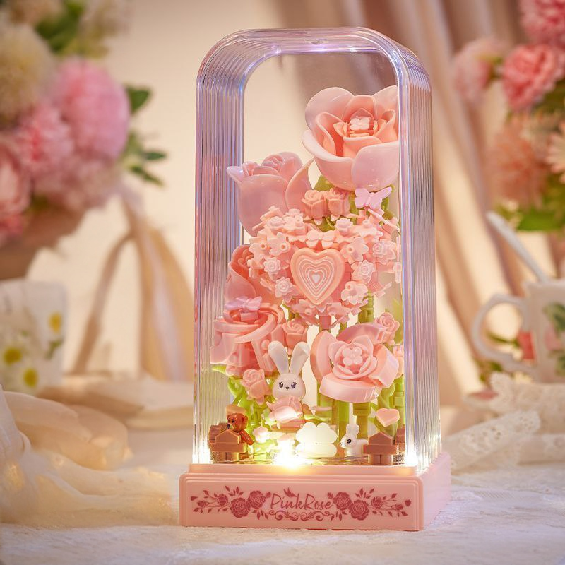 Конструктор нічник блочний дитячий з підсвіткою квітка в колбі Рожеві троянди квіти