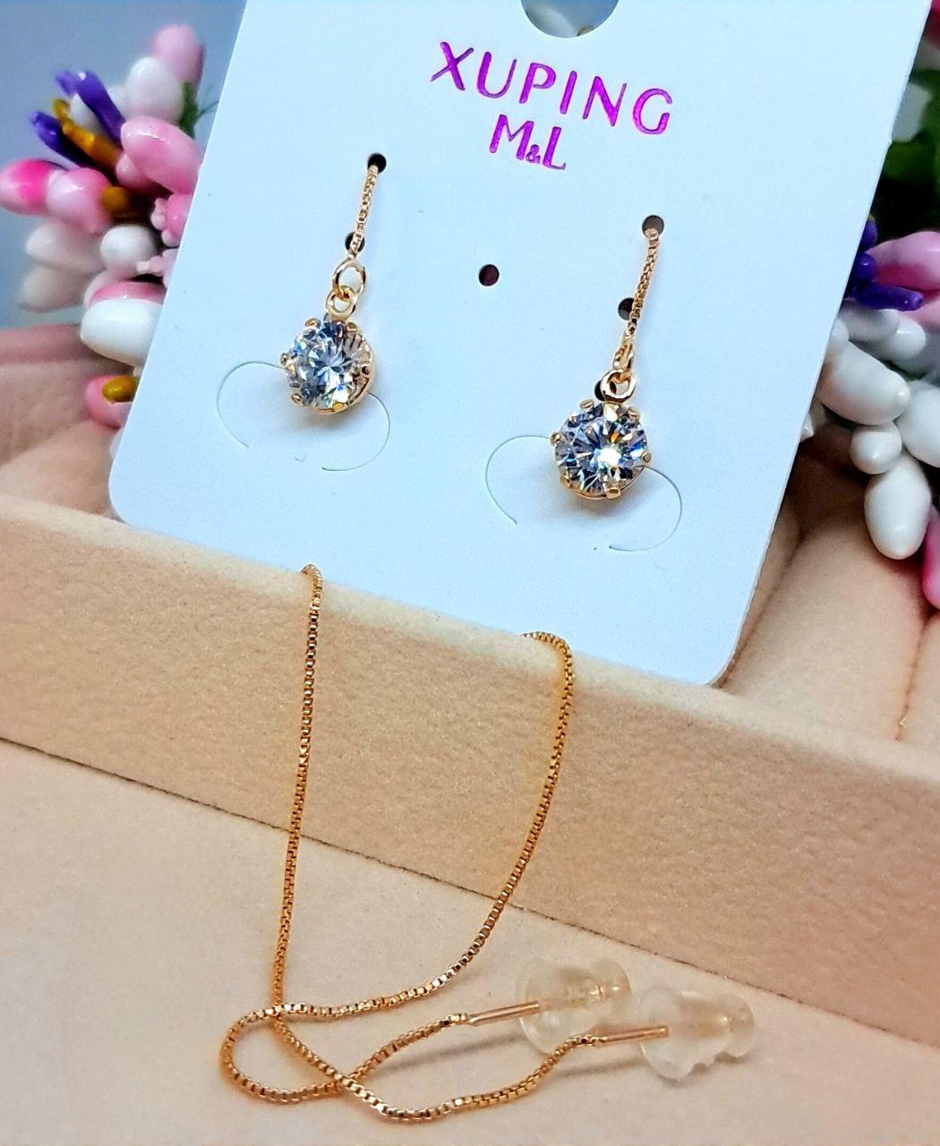 Сережки протяжки 13 см циркон білий 6 мм медичне золото Xuping Код 5059