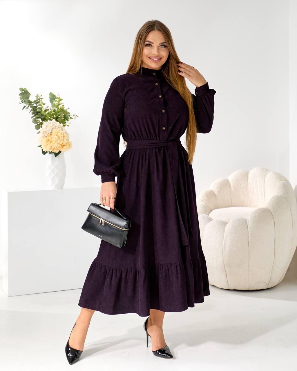 Плаття міді вельветове-сорочка з поясом та воланом, колір баклажан батал, фото 1