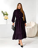 Плаття міді вельветове-сорочка з поясом та воланом, колір баклажан батал, фото 2