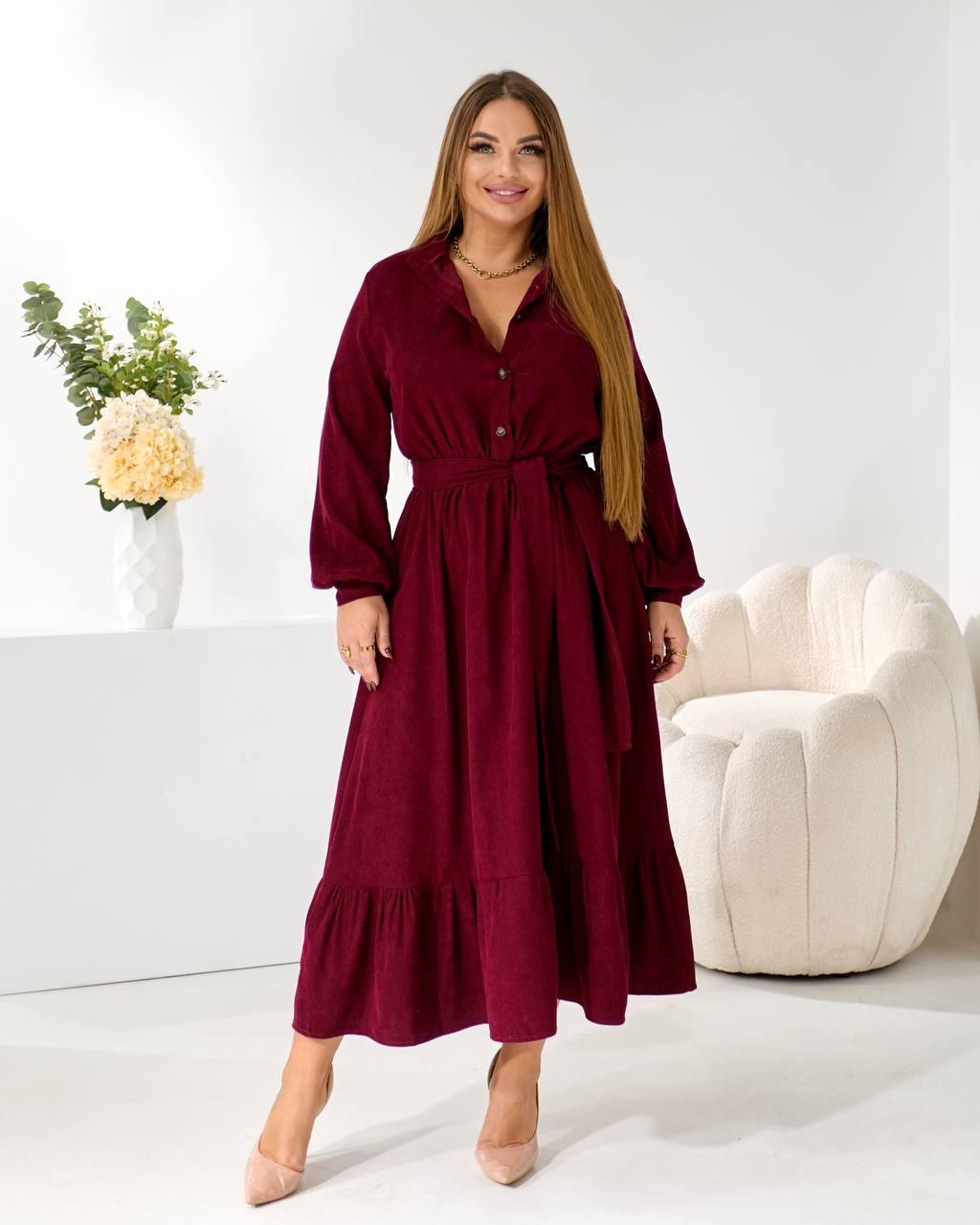 Плаття міді вельветове-сорочка з поясом і воланом, колір бордовий батал, фото 1