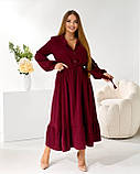 Плаття міді вельветове-сорочка з поясом і воланом, колір бордовий батал, фото 3