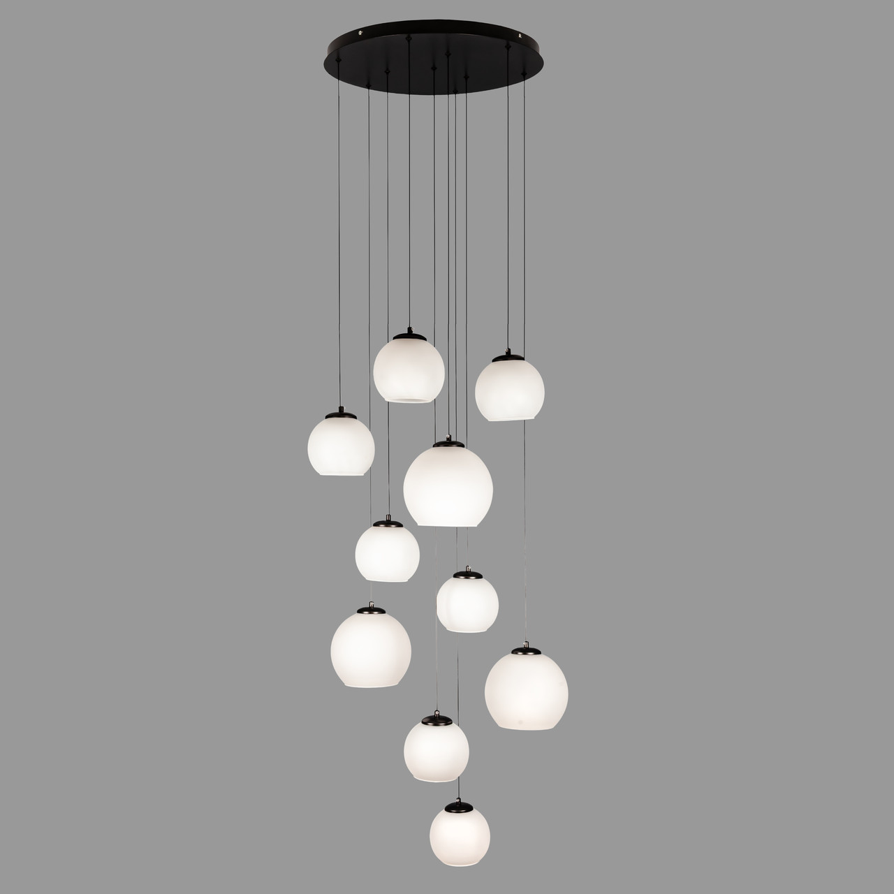 Чорна люстра для сходів з білими плафонами на 10 ламп (99-1691F-10 BK+WH)