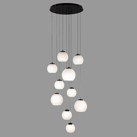 Чорна люстра для сходів з білими плафонами на 10 ламп (99-1691F-10 BK+WH), фото 1