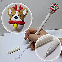 Ручка гелева 6132 «Новий рік» / синя паста / з фігуркою Новорічний олень