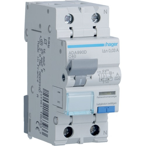 Диференційний автоматичний вимикач 1P+N 6kA C-40A 30mA A, Hager ADA990D, фото 1