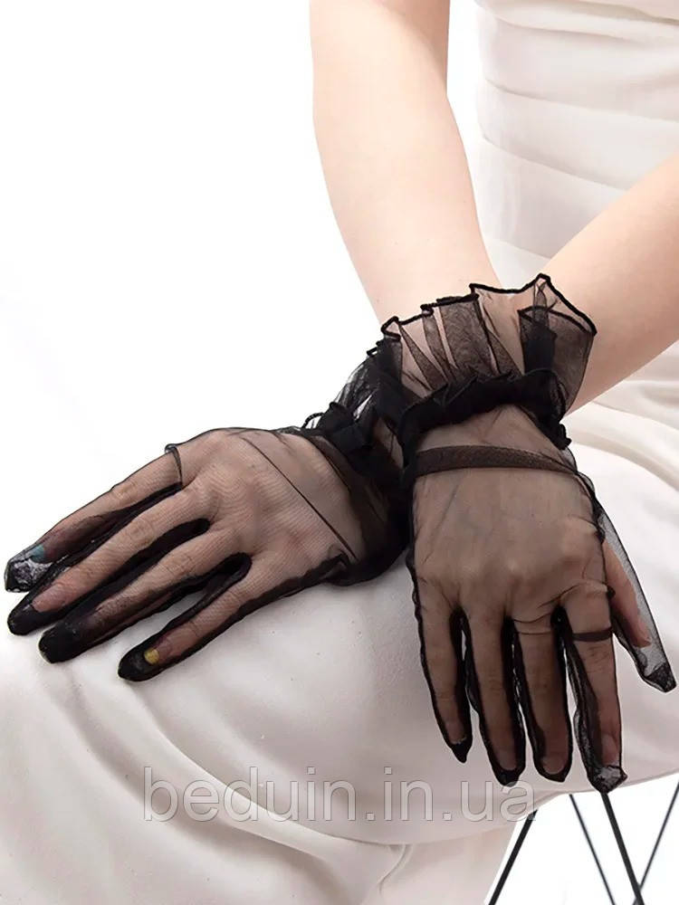 Елегантні фатинові  рукавички сітчасті "Мері" напівпрозорі - чорні Aushal Jewellery