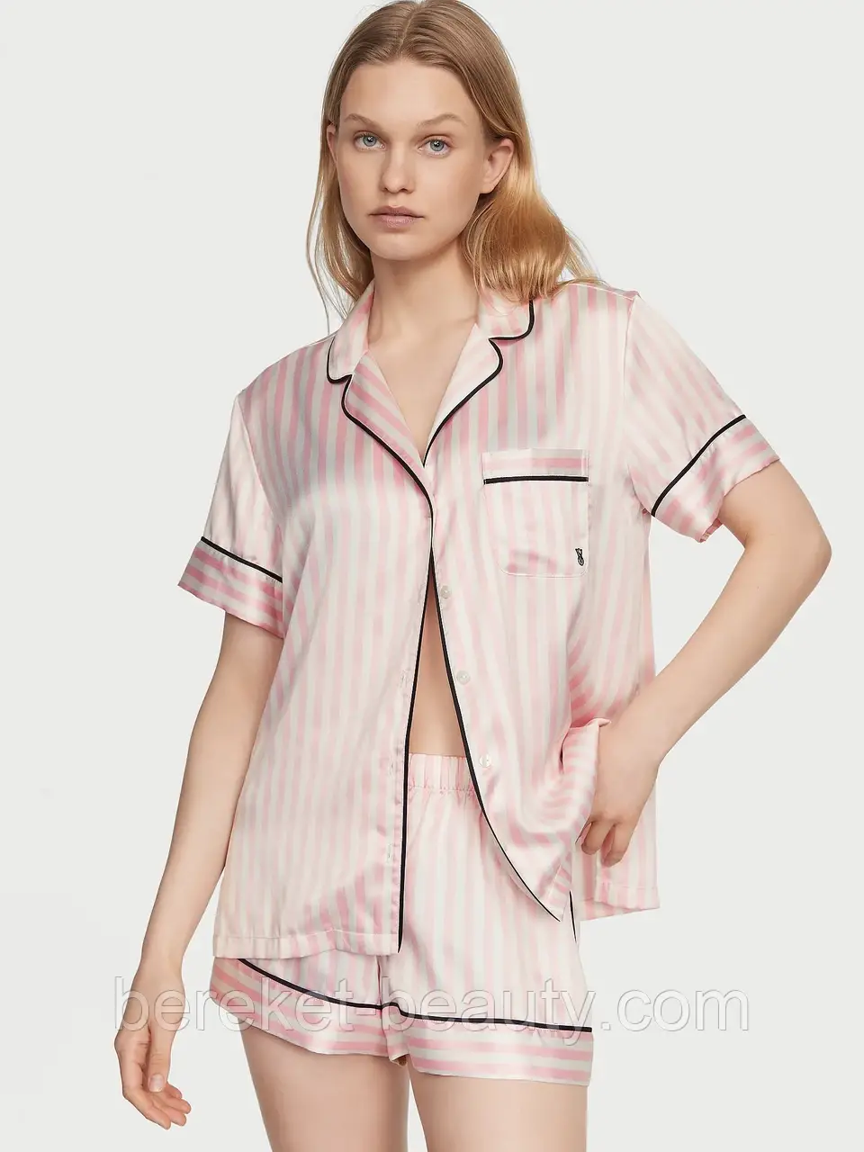 Піжама Victoria's Secret Glazed Satin Short Pajama Set (PINK ICONIC STRIPES), XS, фото 1