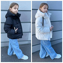 Стильна зимова куртка-пуховик для дівчинки | чорний, молоко | біопух до –25°C | розміри 122, 128, 134, 140 см