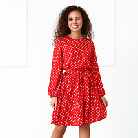 Свободное короткое женское платье мини в горошек с длинным рукавом с поясом