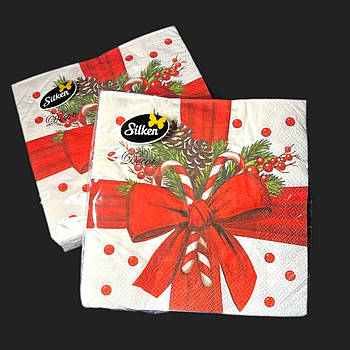 Серветки новорічні паперові Silken "Червоний бант" 3 шари 18 штук