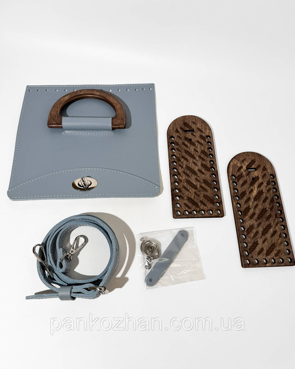 Набір шкіряної фурнітури на набір до МК Соломія, небесний, метал срібло, дерево палісандр, фото 1