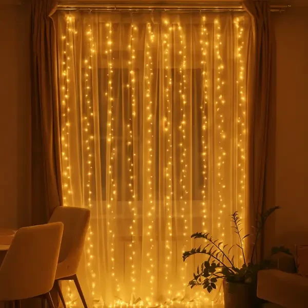 Гірлянда-штора Роса 3×3 м, 600 LED, тепле біле світло, 220 В (на прозорому дроті), фото 1