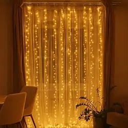 Гірлянда-штора Роса 3×3 м, 600 LED, тепле біле світло, 220 В (на прозорому дроті)