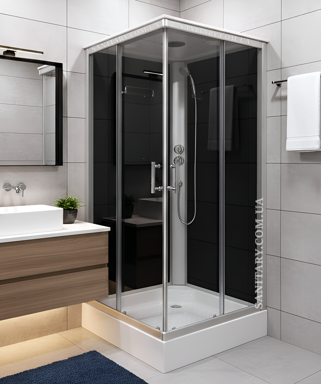 Душовий гідробокс Sunways 90х90х215 см чорний з середнім квадратним піддоном прозоре скло 5 мм, фото 1