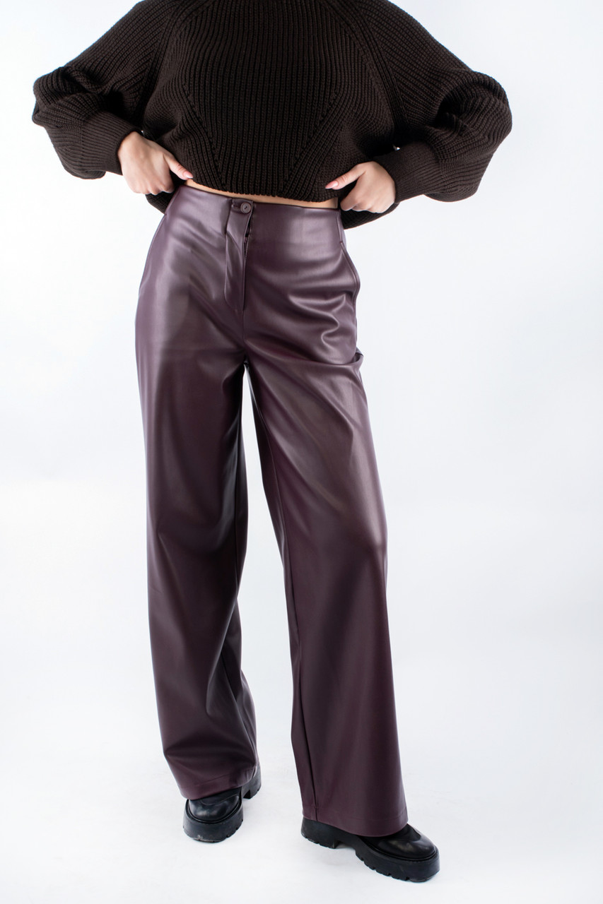 Штани жіночі з екошкіри широкі з імітацією кишеньок бургунді 30002 (2000000157702), фото 1