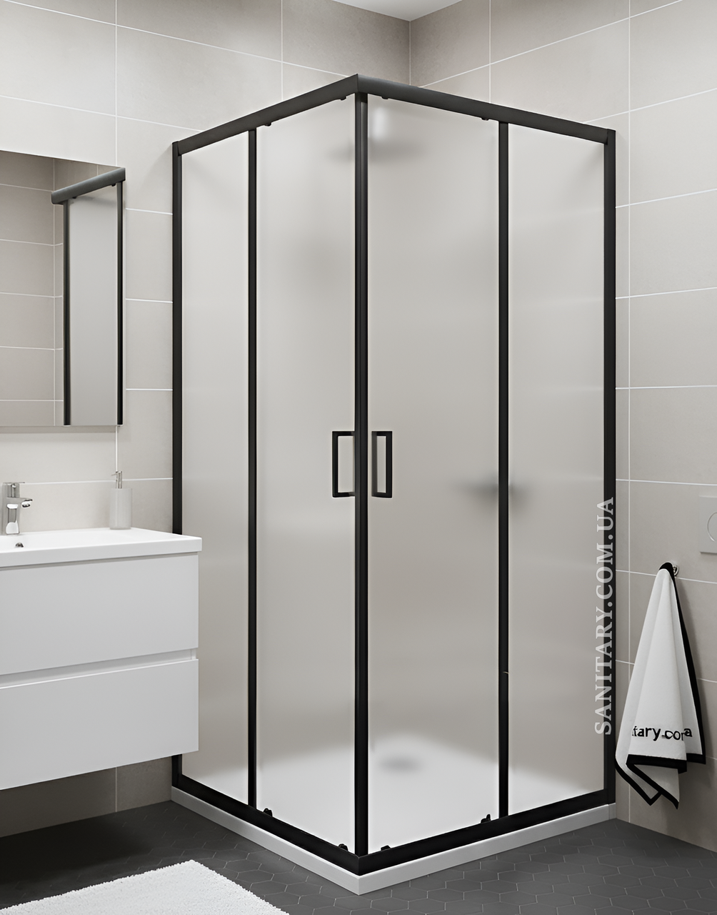 Душова кабіна Sunways Frost 80х80х180 см без піддона чорна квадратна розсувні двері загартоване скло 5 мм, фото 1
