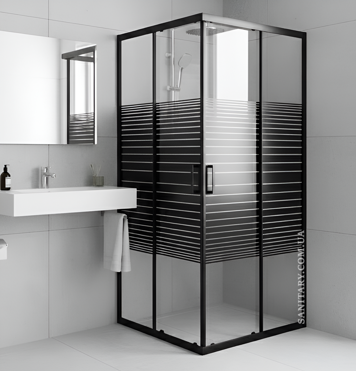 Душова кабіна Sunways Linea 80х80х180 см без піддона чорна квадратна з малюнком розсувні двері скло 5мм, фото 1