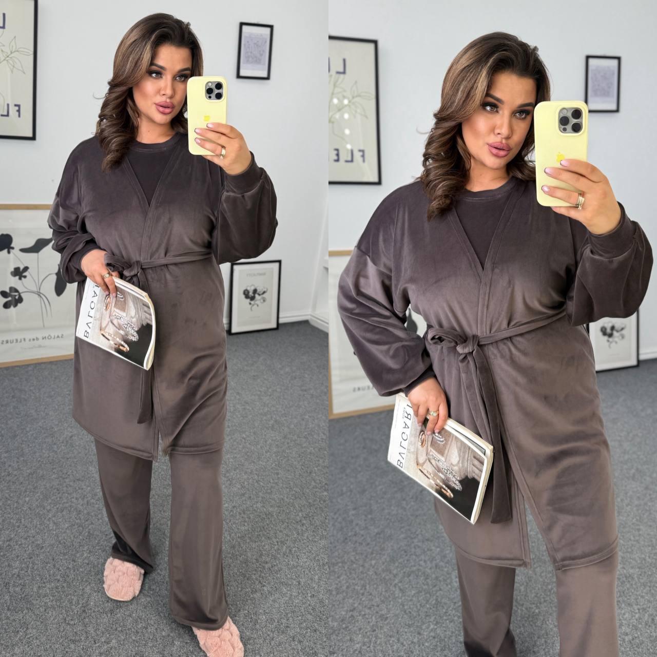 Коричневий велюровий жіночий домашній костюм-трійка батал, фото 1