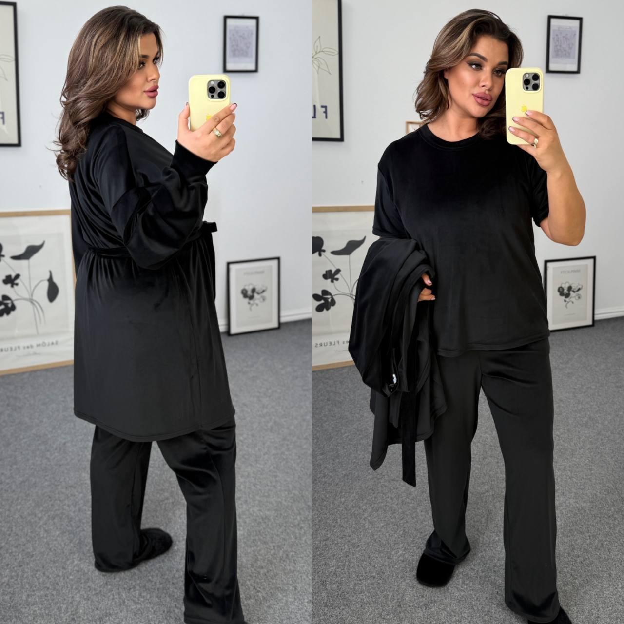 Чорний велюровий жіночий домашній костюм-трійка батал, фото 1