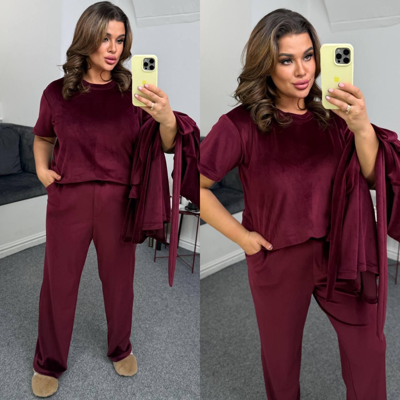 Бордовий велюровий жіночий хатній костюм-трійка батал, фото 1