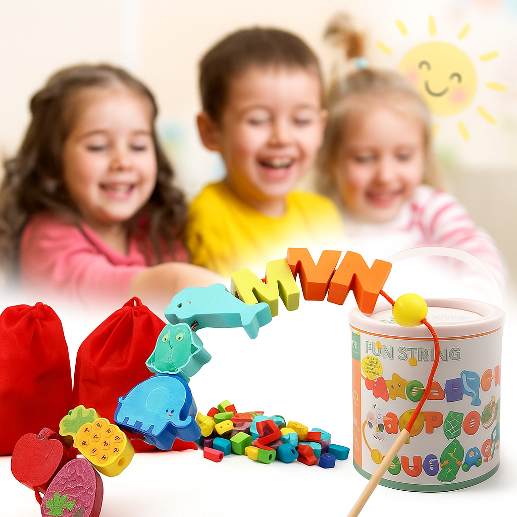 Дитяча дерев’яна шнурівка розвивальна іграшка для малюків логічний ігровий набір літери тварини транспорт, фото 1