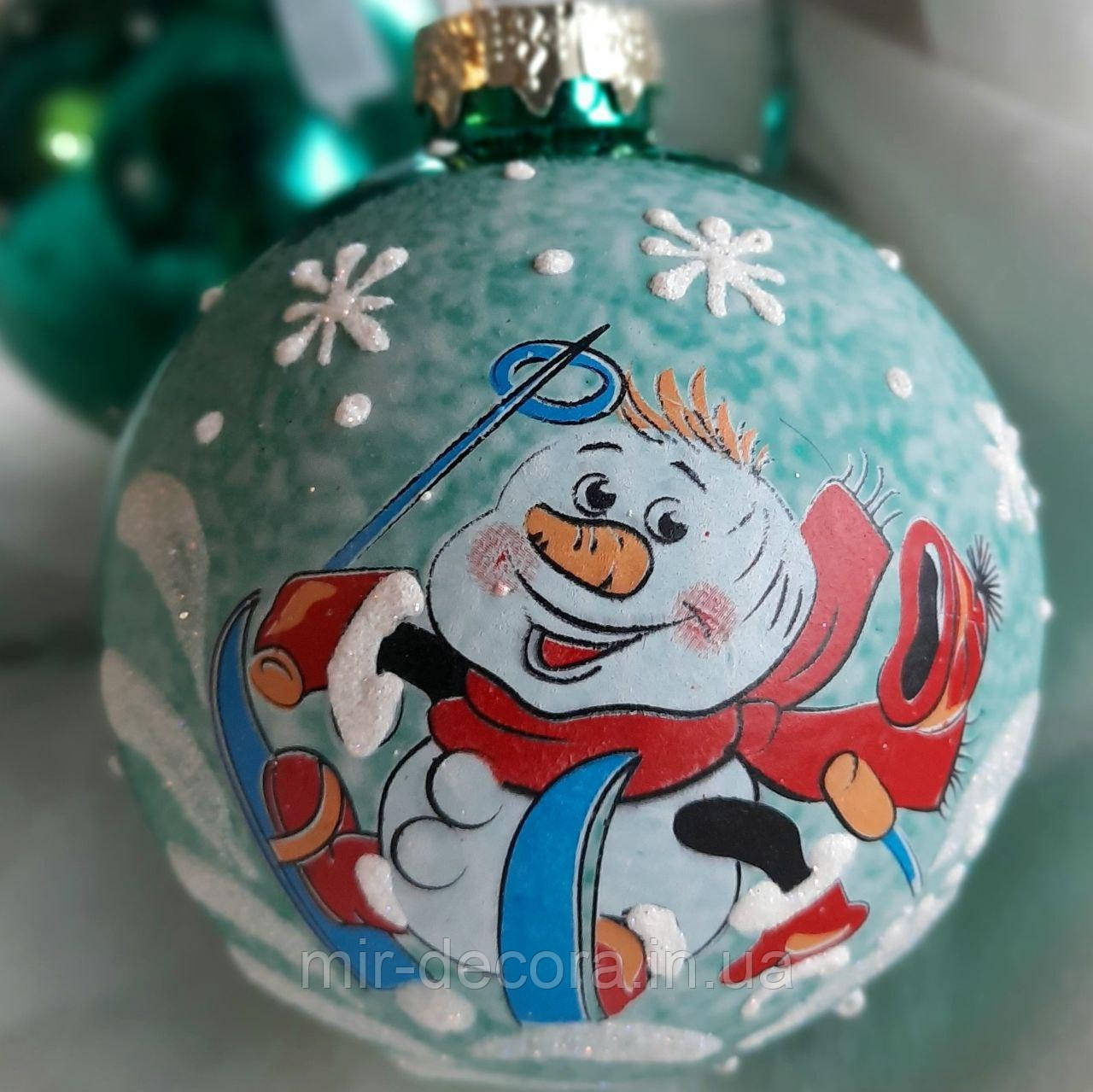 Ялинкова іграшка зі скла 85 мм "Веселий сніговик", фото 1