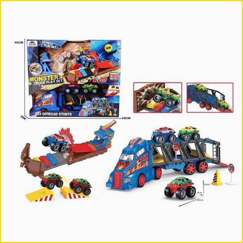 Трейлер для машинок з рампою трюків 5 машинок металопластик механічний запускач перешкоди дорожні знаки ST1, фото 1